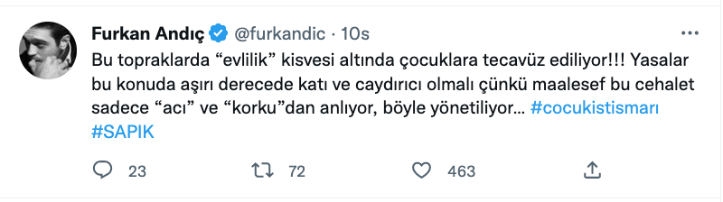 furkan andic tan alti yasindaki kiz cocugunun evlendirilmesi olayina tepki